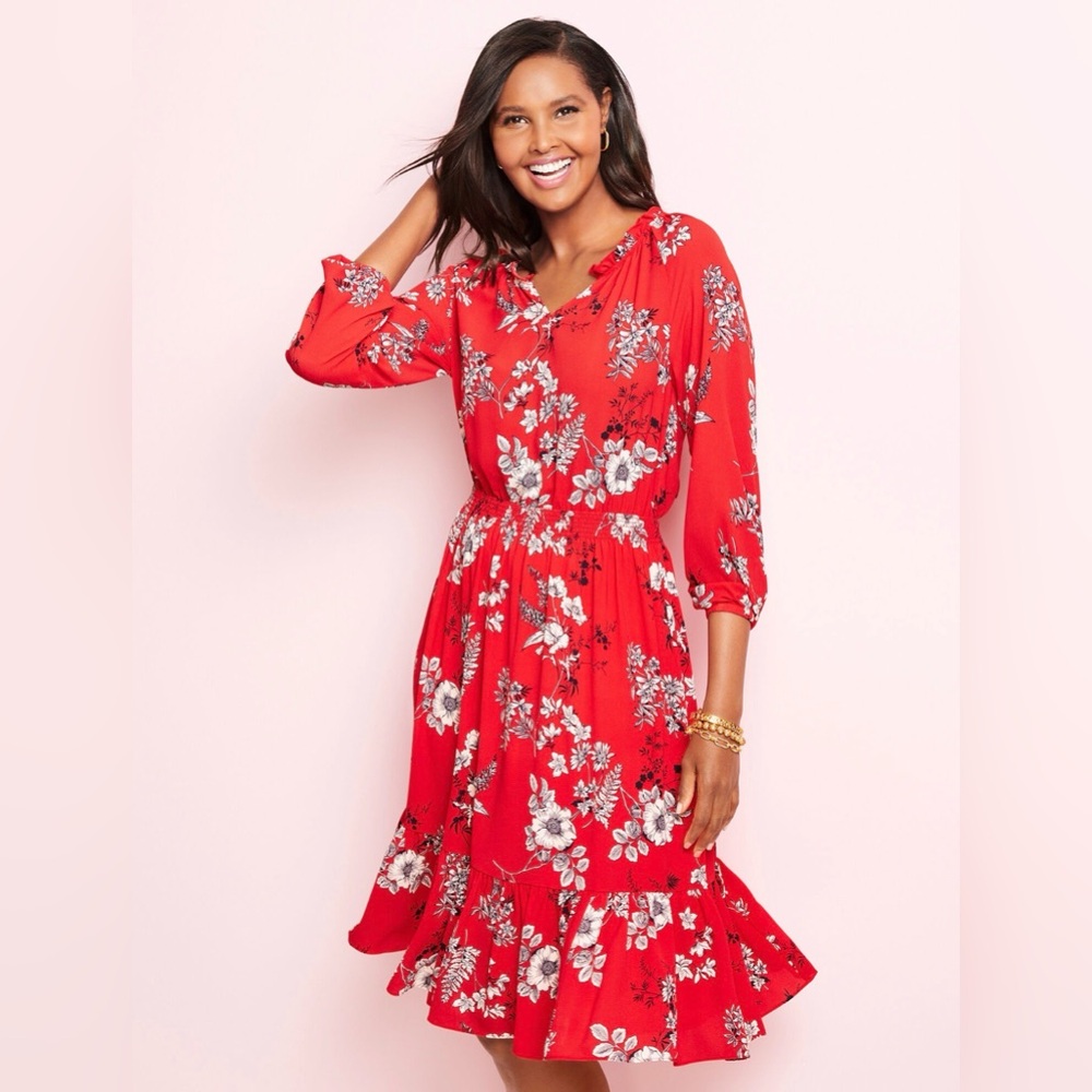 NWT Talbots Red Floral Smocked Waist Tiered Ruffle Neck Midi Dress Size P